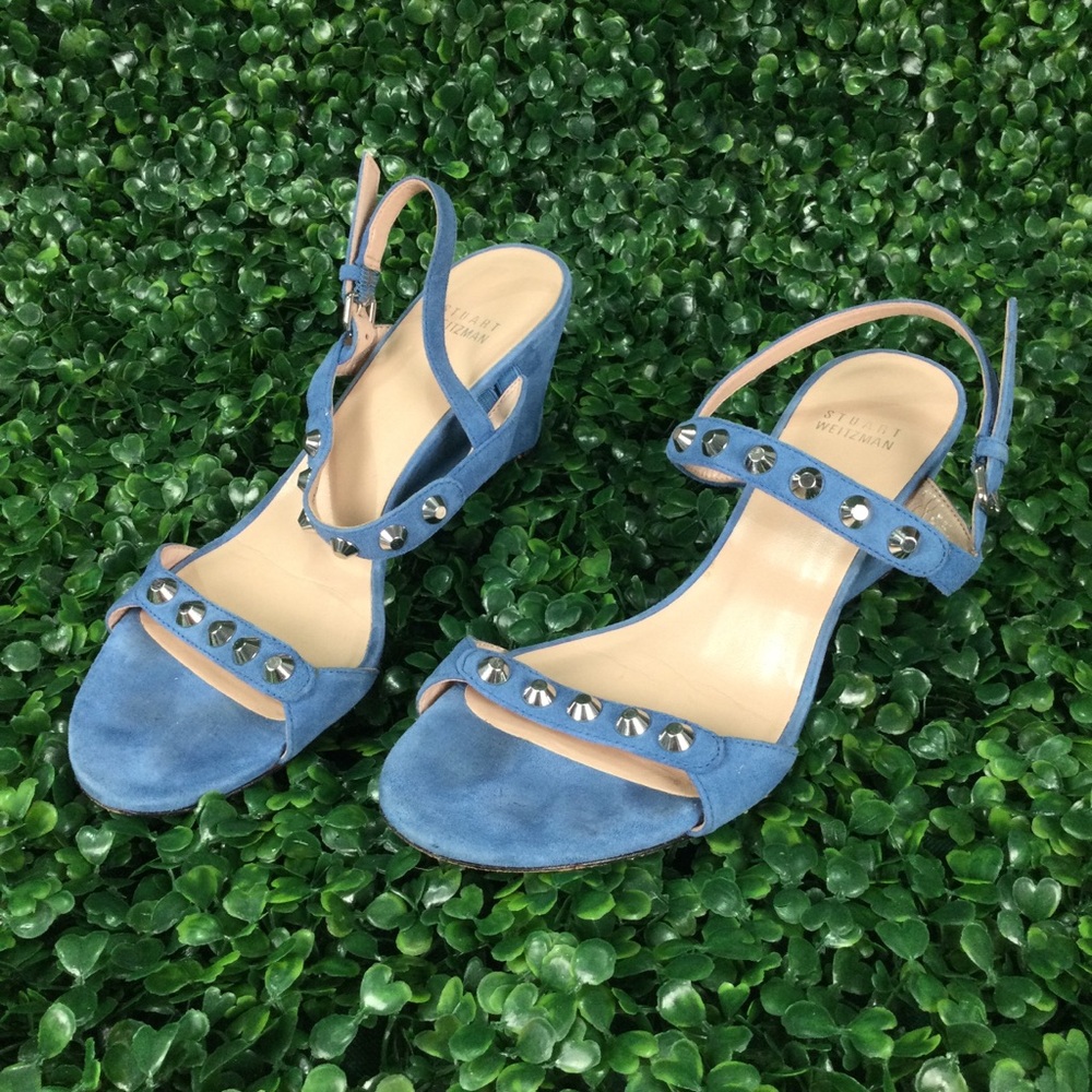 Stuart‎ Weitzman Blue Suede Studded Wedge Sandals womens 8.5